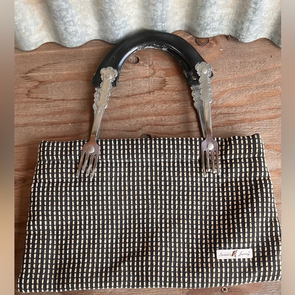 Isabella's Journey Milan Black FORK Handle Tote Bag Tapestry Handbag Purse